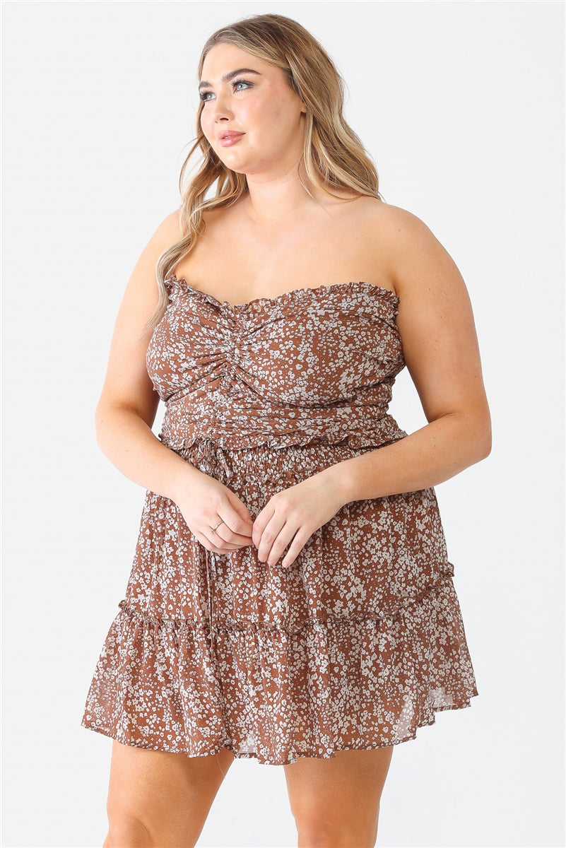 Plus Mocha Floral Print Ruched Ruffle Smocked Back Top & High Waist Flare  Hem Mini Skirt Set - Curvi Gal