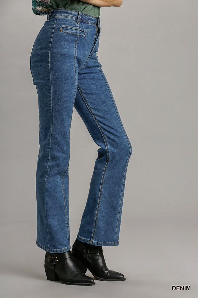 Denim Straight Cut Panel Jeans With Pockets