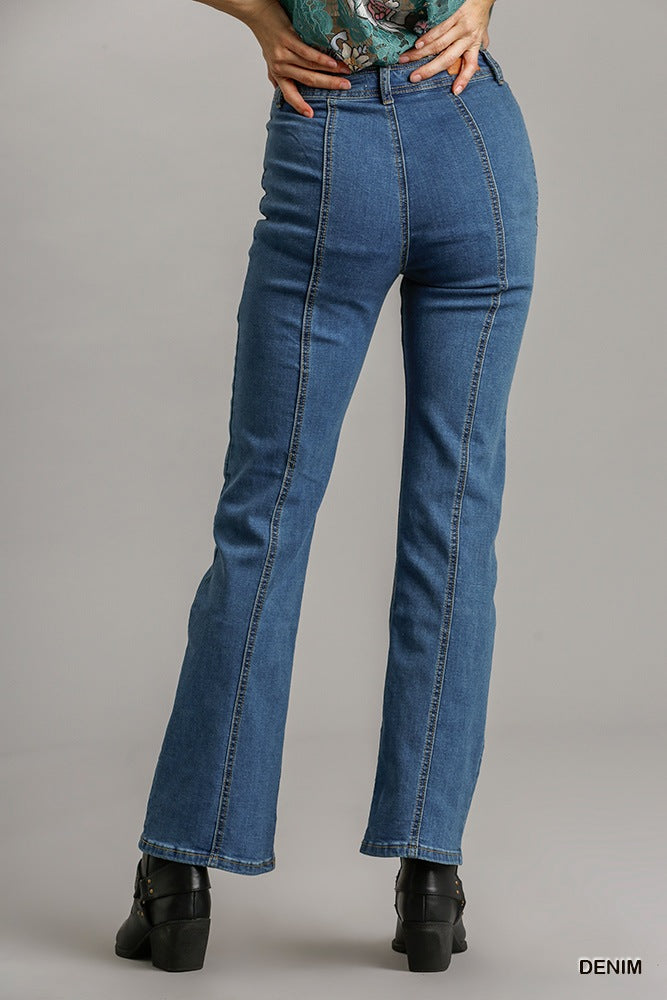 Denim Straight Cut Panel Jeans With Pockets