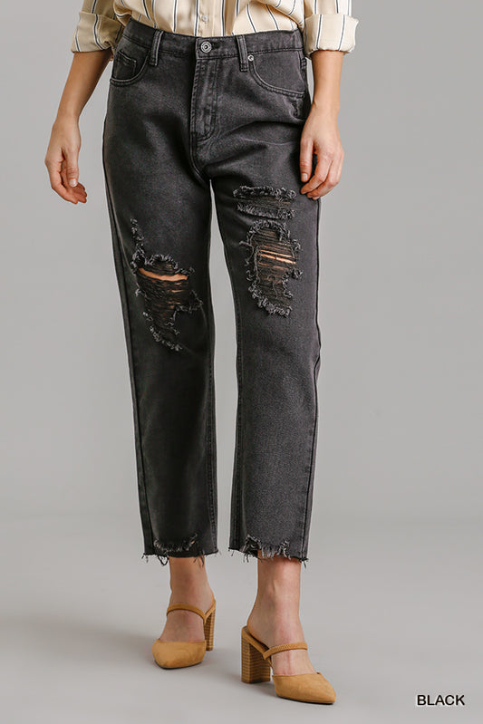 Charcoal Distressed Denim Jeans With Raw Hem