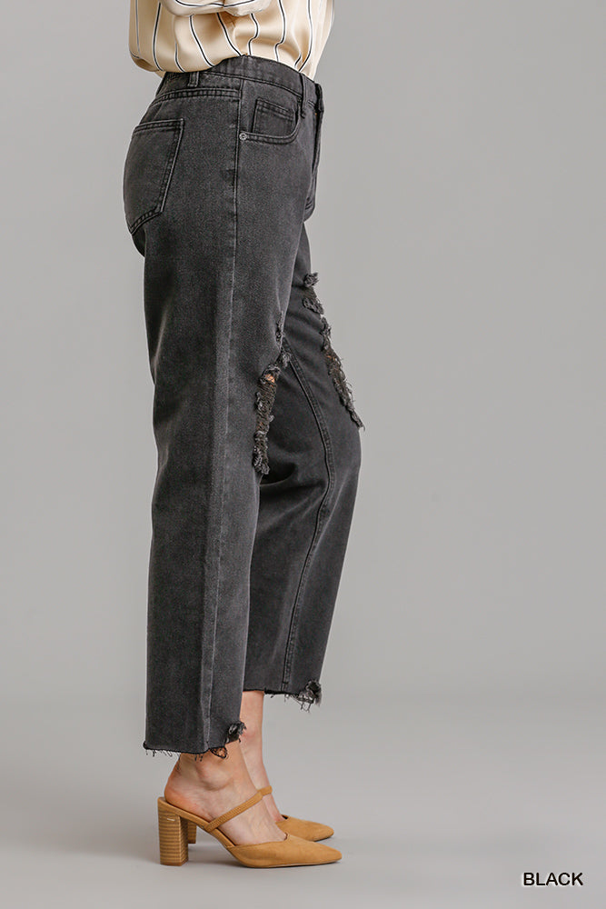 Charcoal Distressed Denim Jeans With Raw Hem