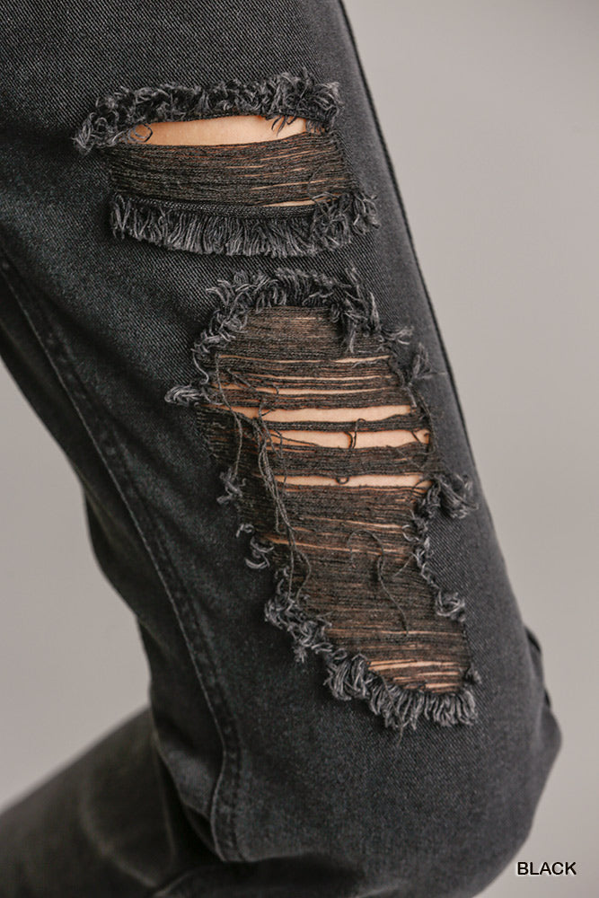 Charcoal Distressed Denim Jeans With Raw Hem