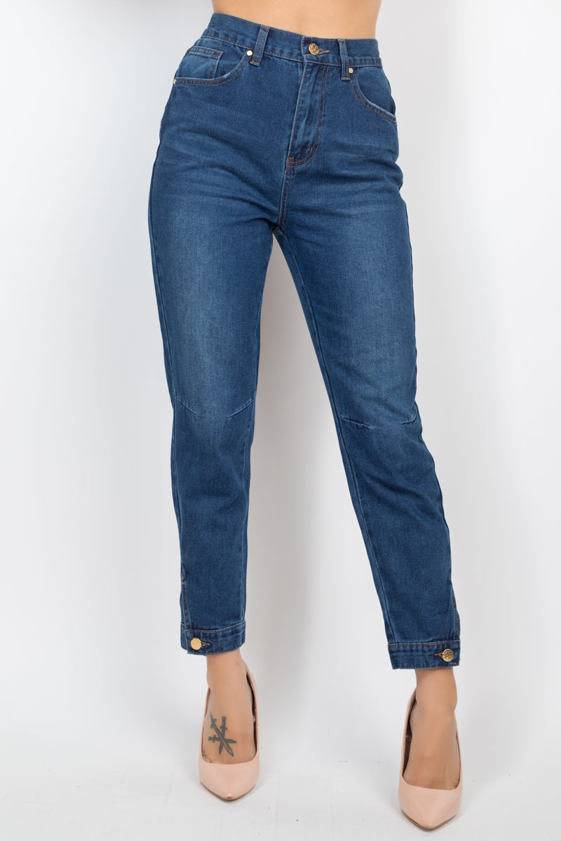 Dark Denim Cuffed-Button Mom Jeans