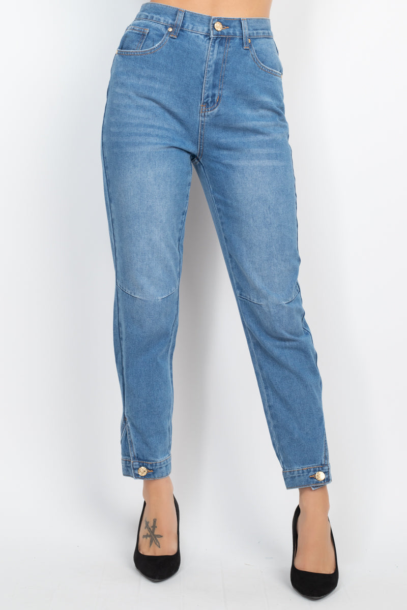 Medium Denim Cuffed-Button Mom Jeans