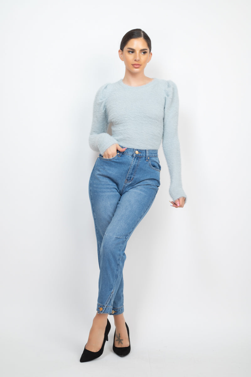 Medium Denim Cuffed-Button Mom Jeans