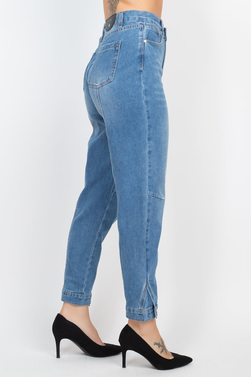 Medium Denim Cuffed-Button Mom Jeans