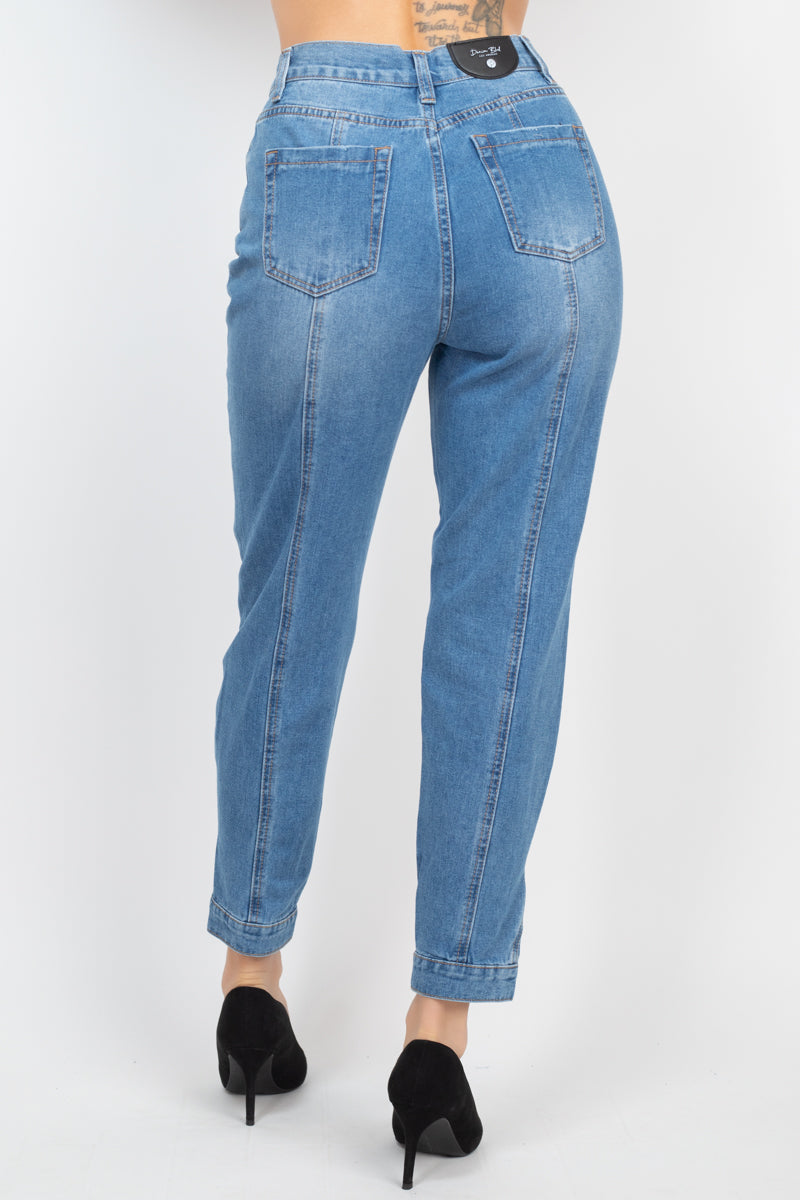 Medium Denim Cuffed-Button Mom Jeans