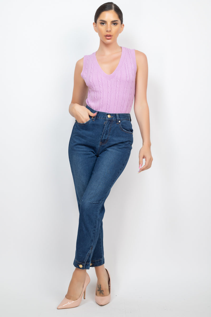 Dark Denim Cuffed-Button Mom Jeans