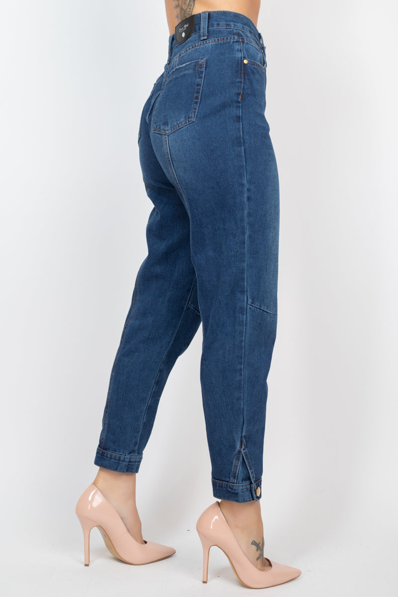 Dark Denim Cuffed-Button Mom Jeans