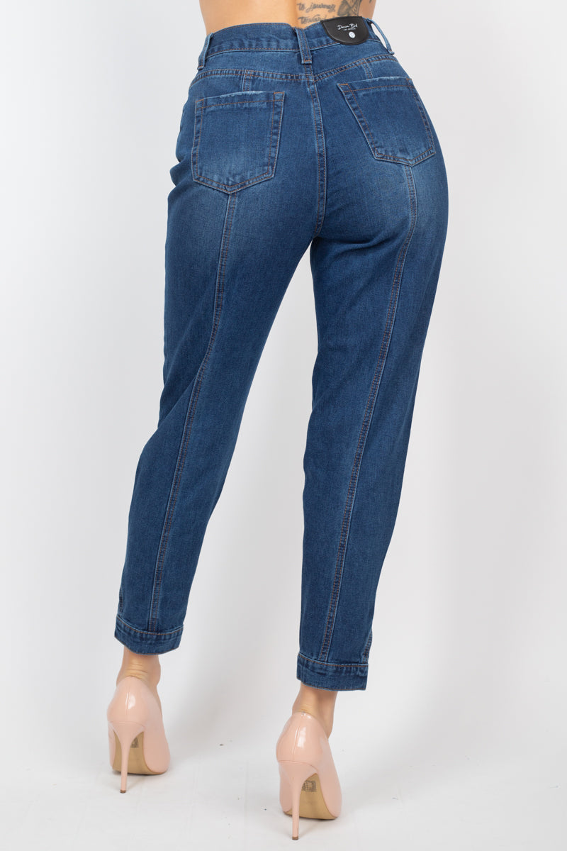 Dark Denim Cuffed-Button Mom Jeans