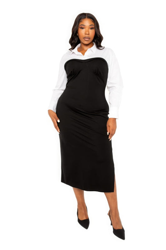 Plus Black/White Collared Shirt Bodycon Midi Dress with Side Slit