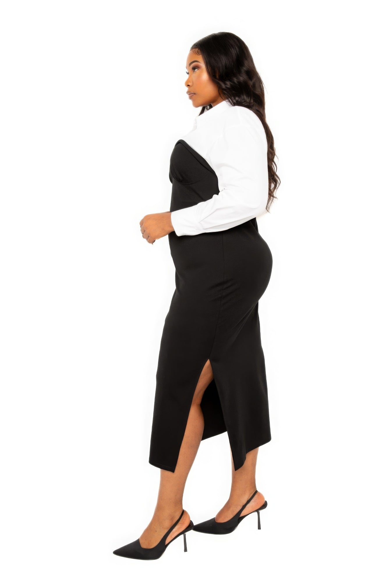 Plus Black/White Collared Shirt Bodycon Midi Dress with Side Slit