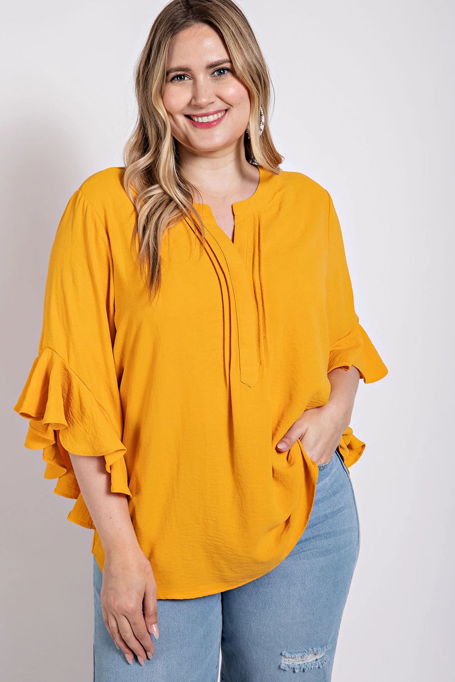 Plus Golden Ruffled Bell Sleeve Top with Front Pleats