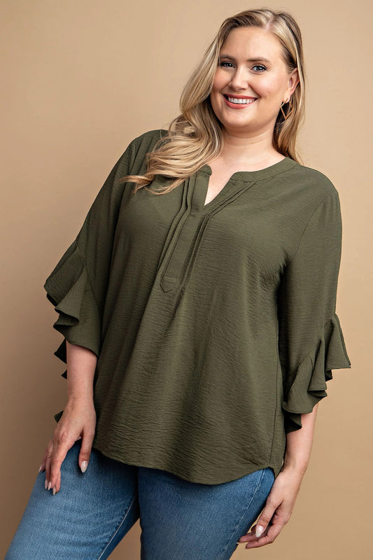 Plus Olive Ruffled Bell Sleeve Top with Front Pleats