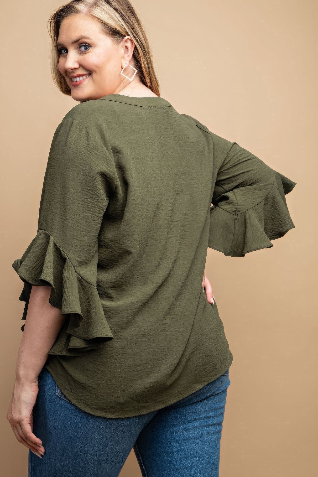 Plus Olive Ruffled Bell Sleeve Top with Front Pleats