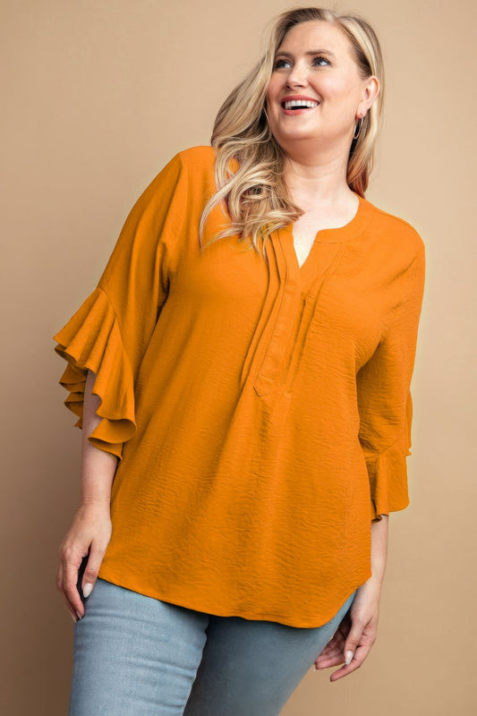 Plus Mustard Ruffled Bell Sleeve Top with Front Pleats