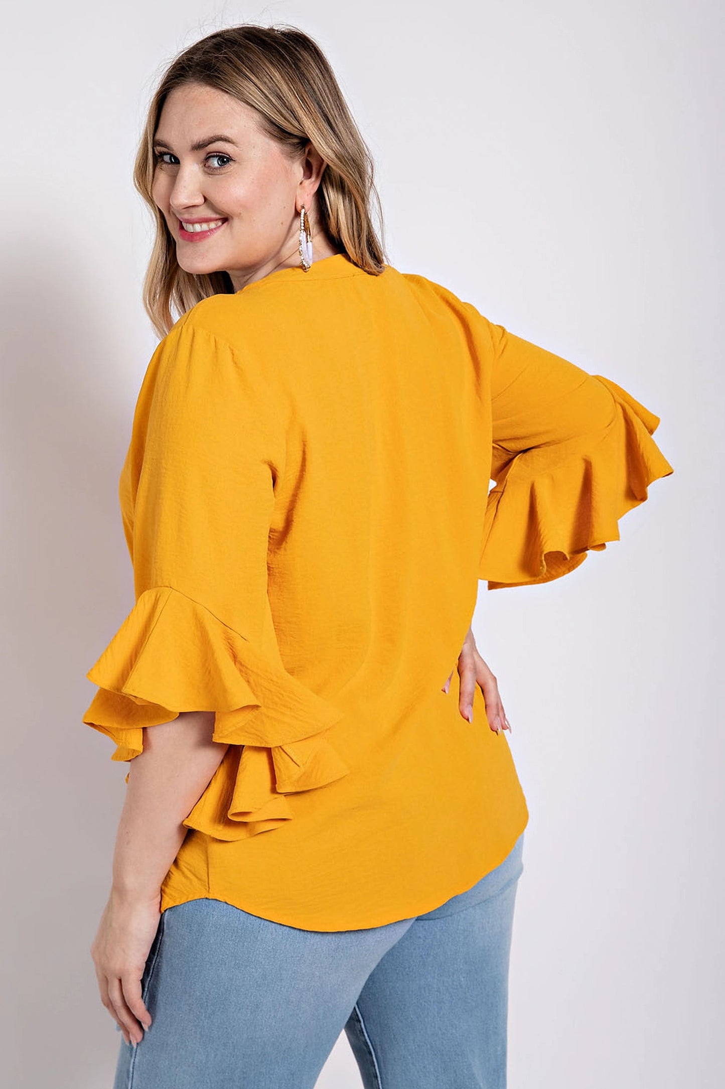 Plus Golden Ruffled Bell Sleeve Top with Front Pleats