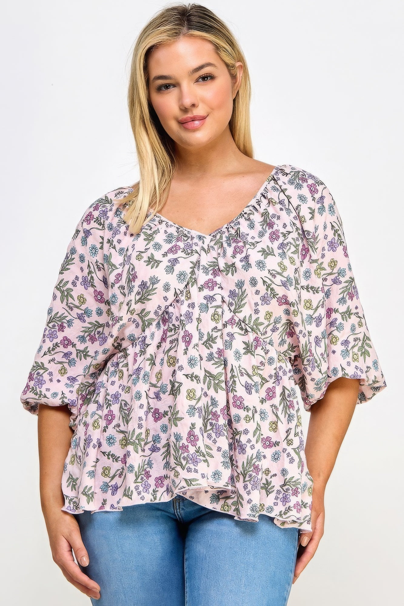 Plus Fairy Pink Floral V-Neck Babydoll Balloon Sleeve Top