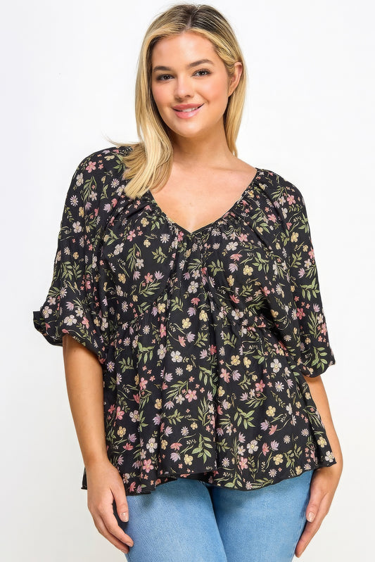 Plus Black Pink Floral V-Neck Babydoll Balloon Sleeve Top