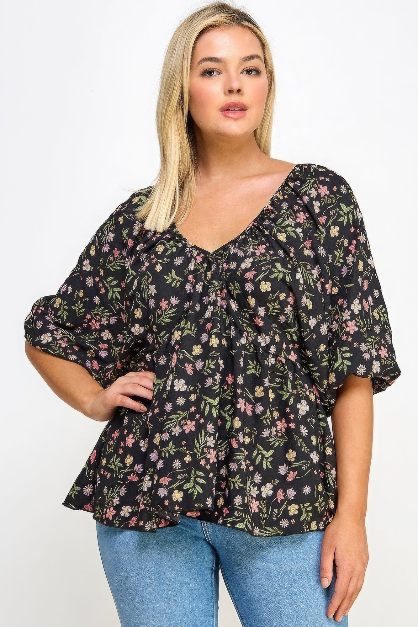 Plus Black Pink Floral V-Neck Babydoll Balloon Sleeve Top