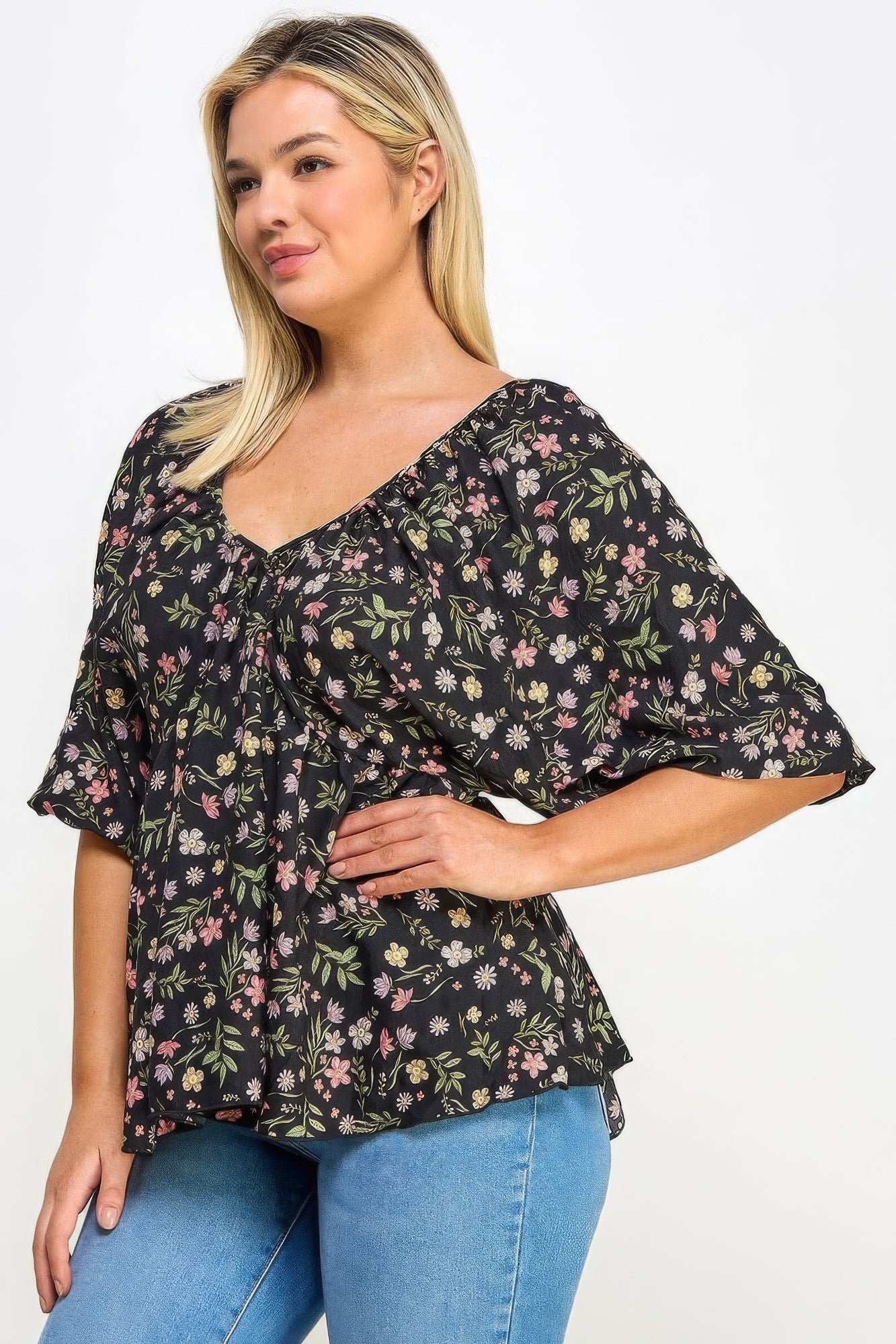 Plus Black Pink Floral V-Neck Babydoll Balloon Sleeve Top