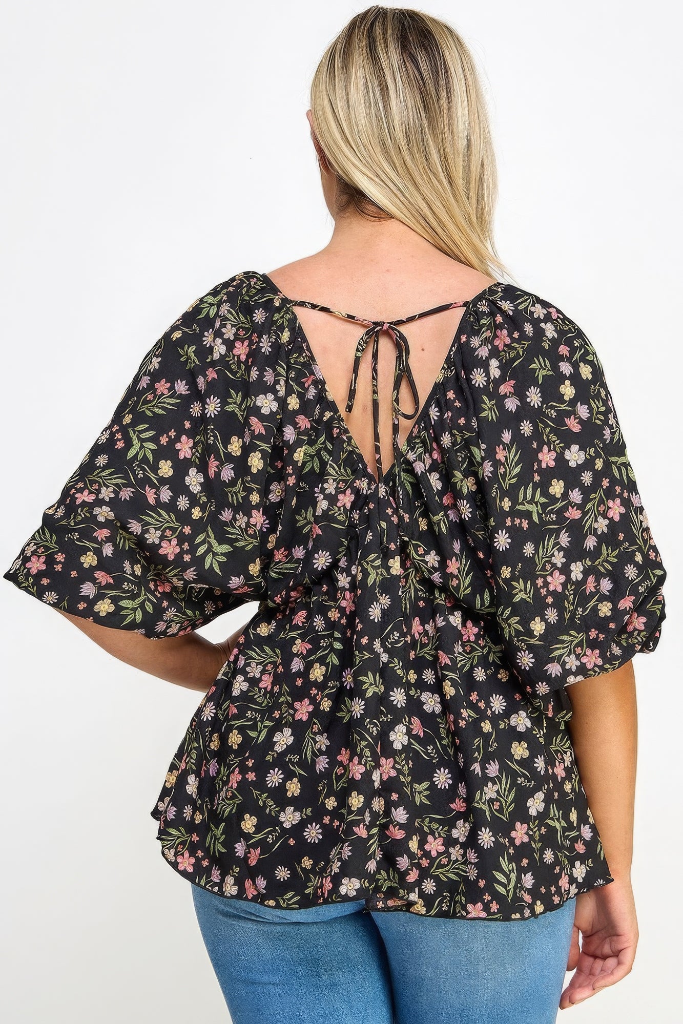 Plus Black Pink Floral V-Neck Babydoll Balloon Sleeve Top