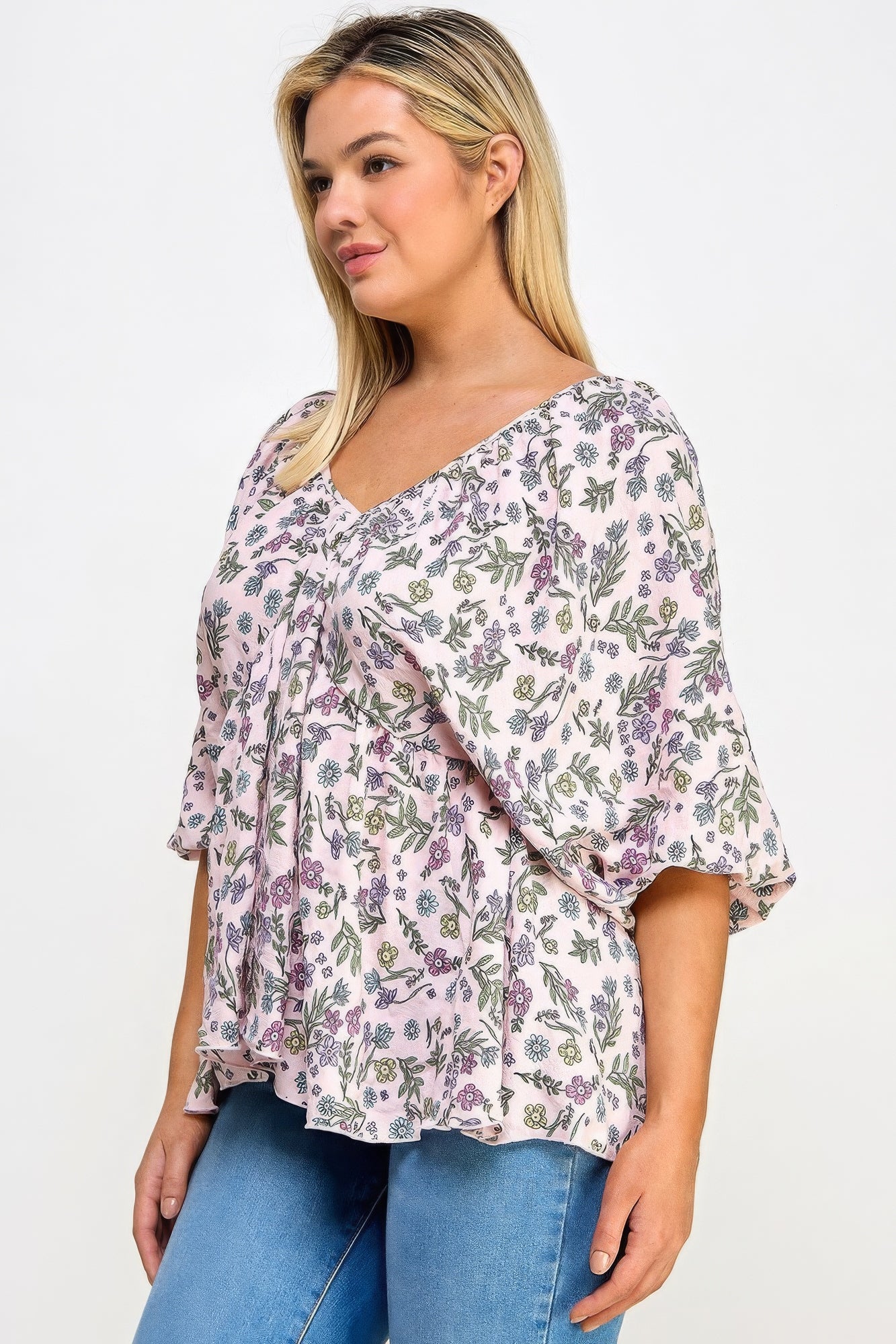 Plus Fairy Pink Floral V-Neck Babydoll Balloon Sleeve Top