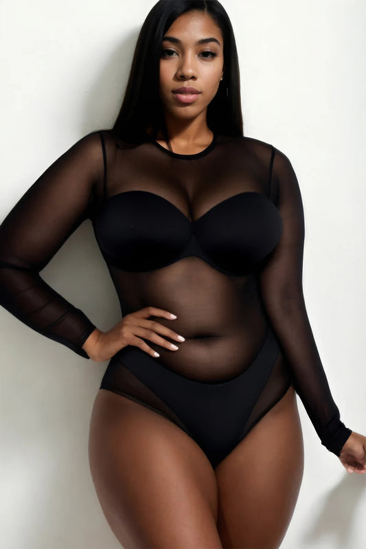 Plus Black Sexy Sheer Mesh Long Sleeve Bodysuit