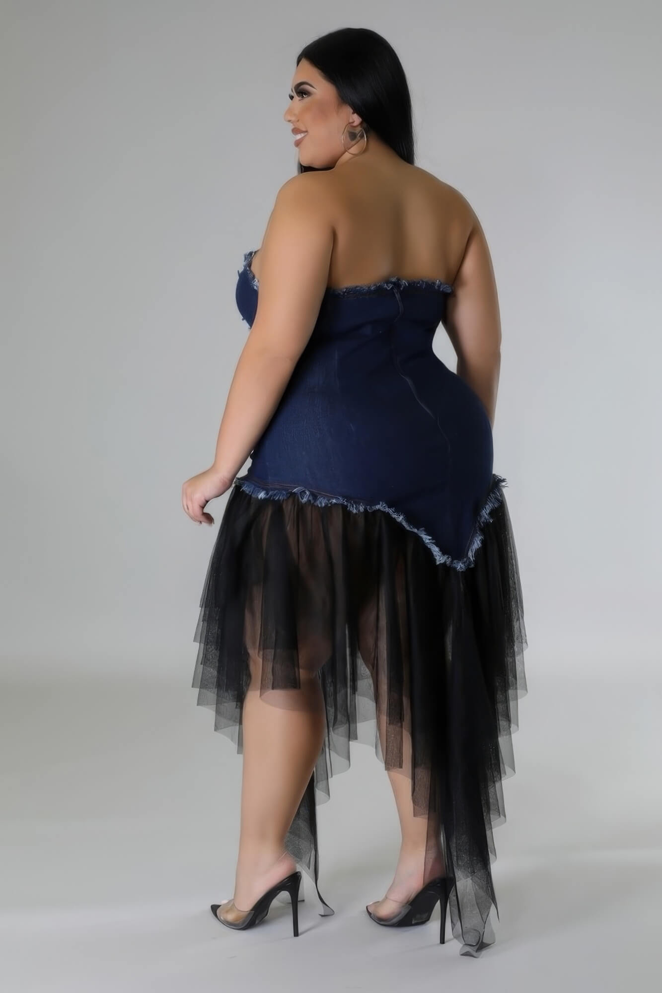 Plus Black Non-Stretch Denim Dress with Tulle Detail