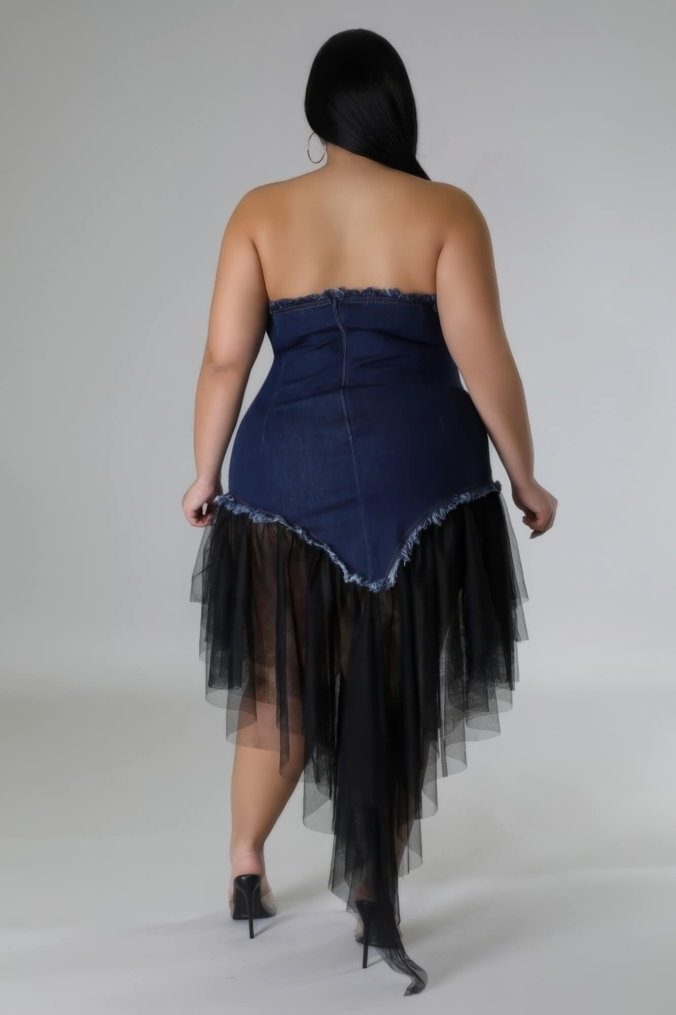 Plus Black Non-Stretch Denim Dress with Tulle Detail