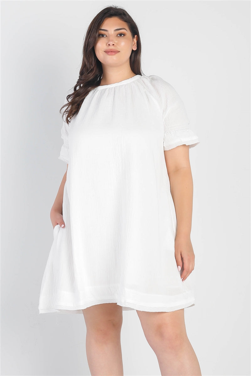 Plus White Textured Crew Neck Two Pocket Trim Hem Dress