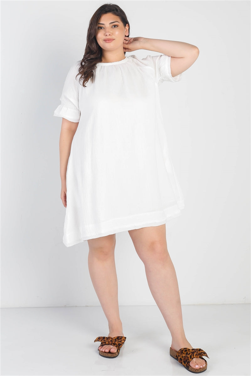 Plus White Textured Crew Neck Two Pocket Trim Hem Dress