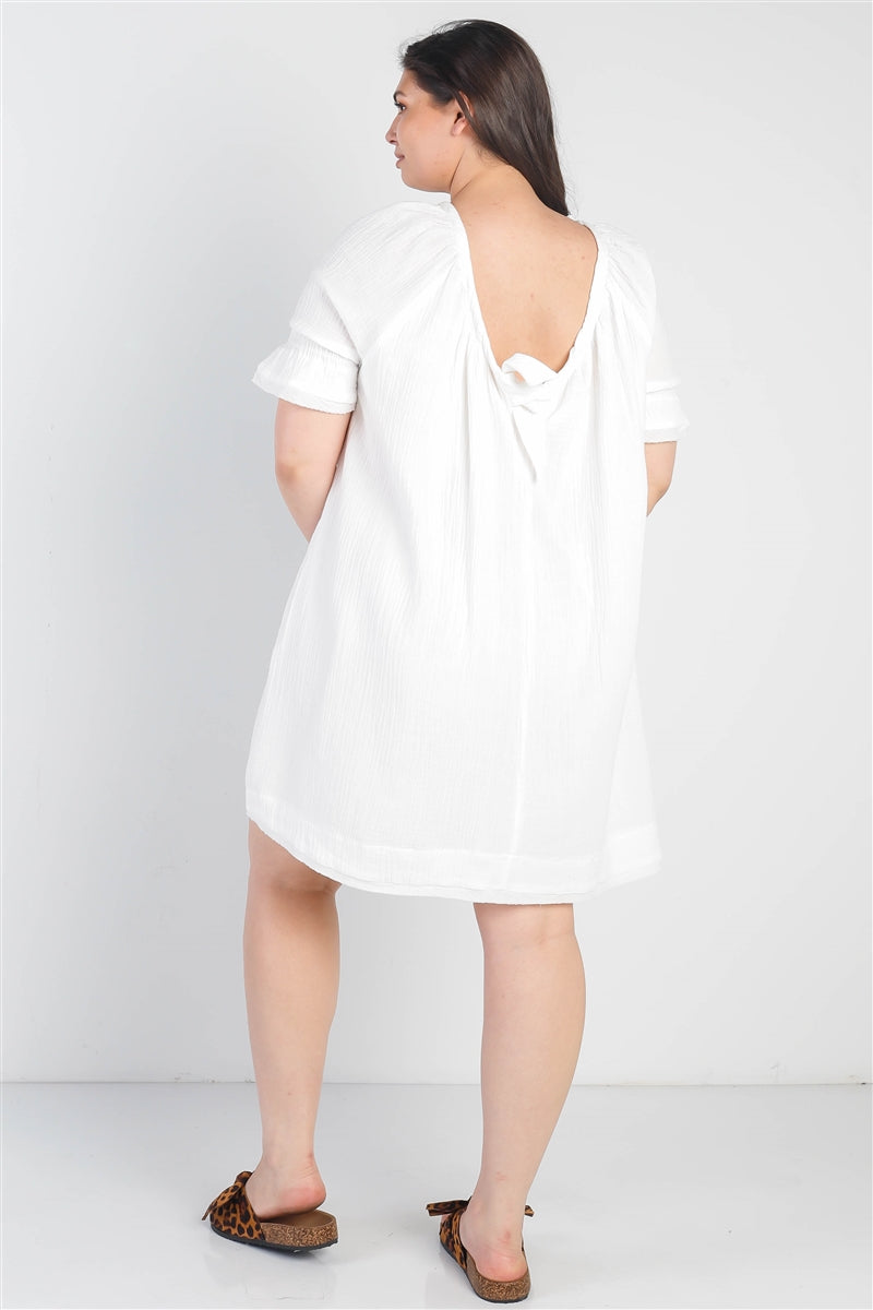 Plus White Textured Crew Neck Two Pocket Trim Hem Dress