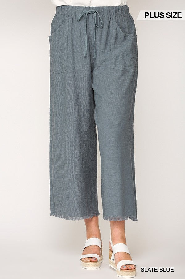 Plus Slate Blue Frayed Wide-Leg Pants with Pockets