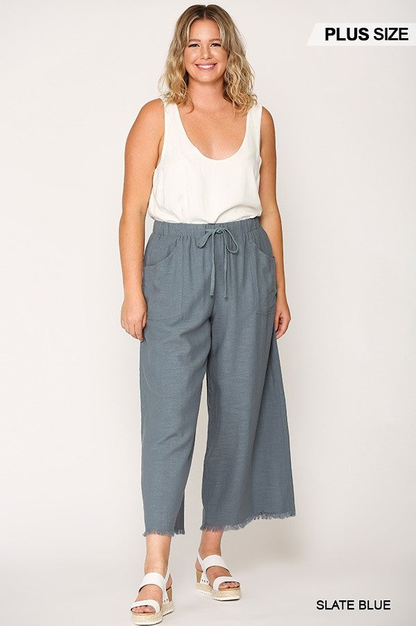 Plus Slate Blue Frayed Wide-Leg Pants with Pockets