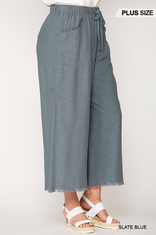 Plus Slate Blue Frayed Wide-Leg Pants with Pockets