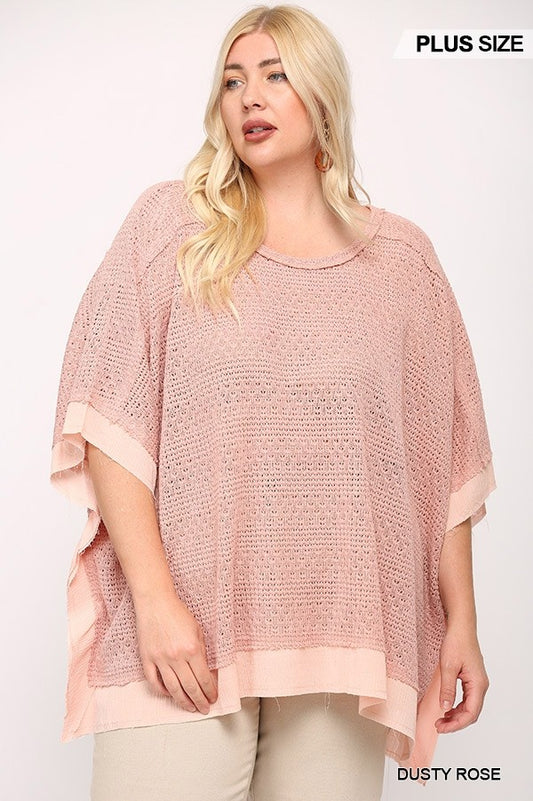 Plus Dusty Rose Boxy Top with Poncho Sleeve, Light Knit Mix