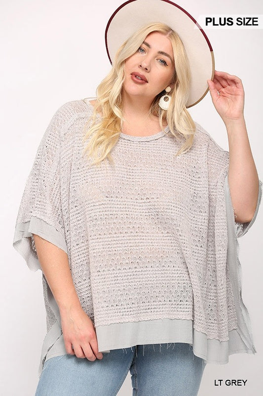 Plus Light Grey Boxy Top with Poncho Sleeve, Light Knit Mix