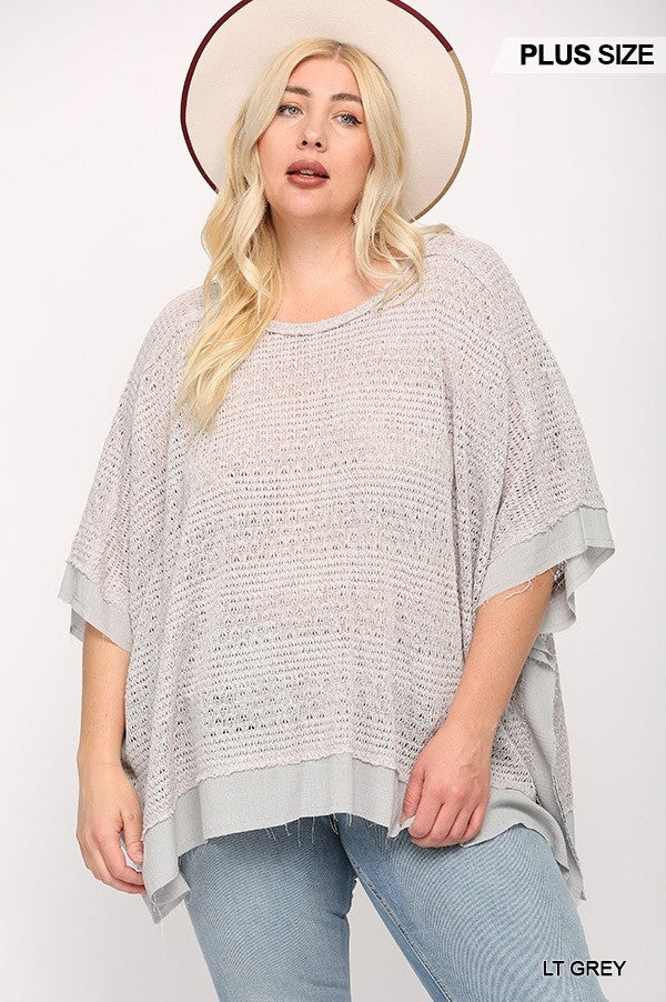 Plus Light Grey Boxy Top with Poncho Sleeve, Light Knit Mix