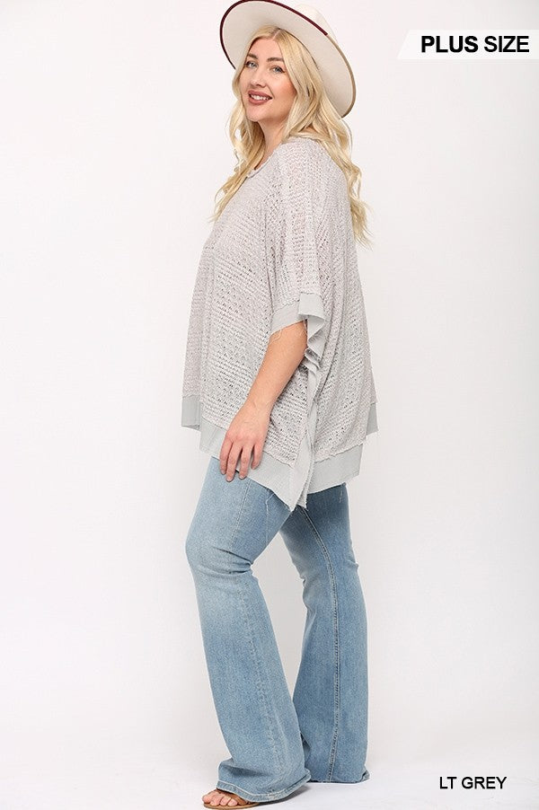 Plus Light Grey Boxy Top with Poncho Sleeve, Light Knit Mix