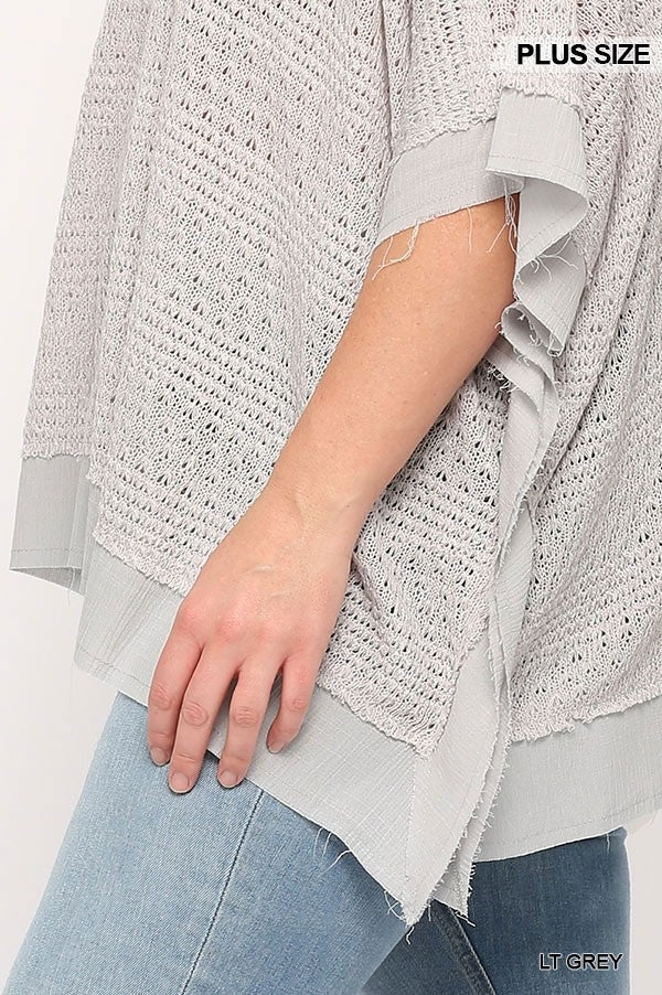 Plus Light Grey Boxy Top with Poncho Sleeve, Light Knit Mix