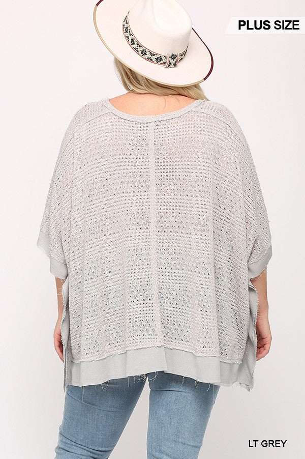 Plus Light Grey Boxy Top with Poncho Sleeve, Light Knit Mix