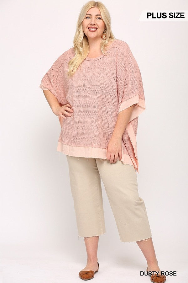 Plus Dusty Rose Boxy Top with Poncho Sleeve, Light Knit Mix