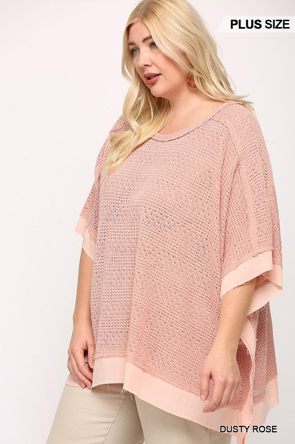 Plus Dusty Rose Boxy Top with Poncho Sleeve, Light Knit Mix