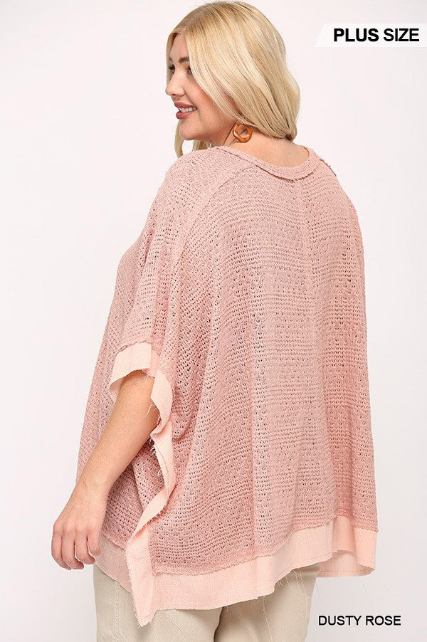 Plus Dusty Rose Boxy Top with Poncho Sleeve, Light Knit Mix