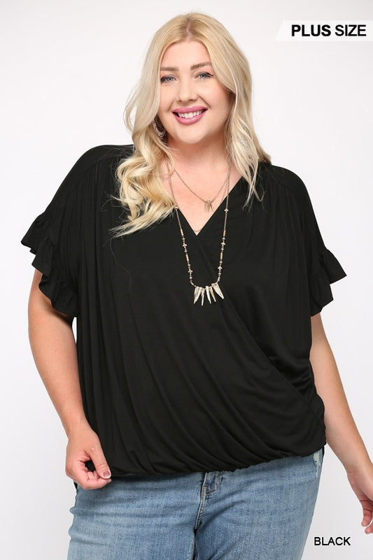 Plus Black Solid Viscose Knit Surplice Top with Ruffle Sleeve