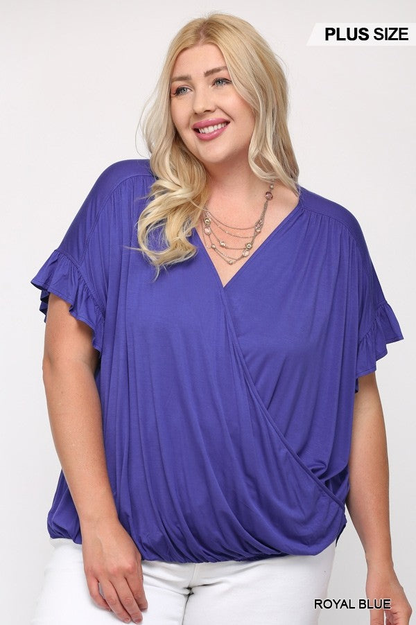 Plus Royal Blue Surplice Knit Top with Ruffle Sleeve