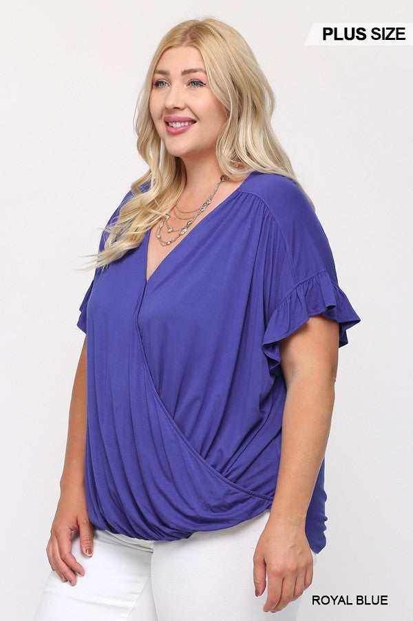 Plus Royal Blue Surplice Knit Top with Ruffle Sleeve