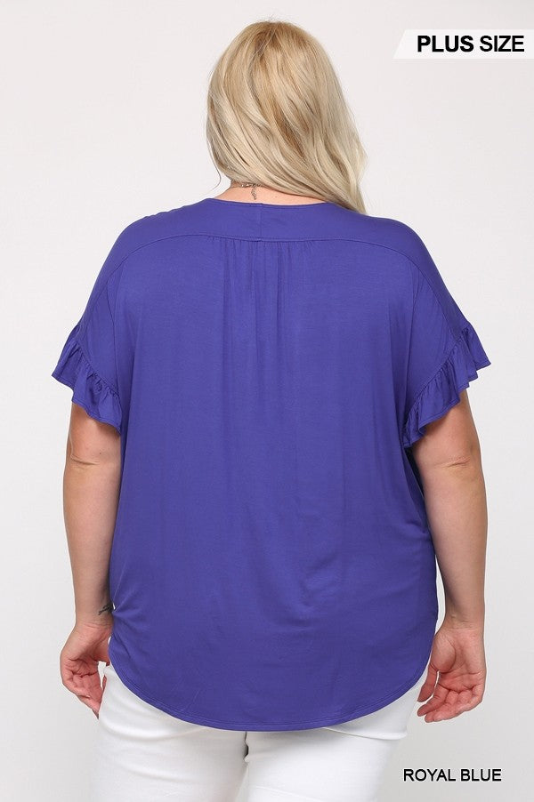 Plus Royal Blue Surplice Knit Top with Ruffle Sleeve