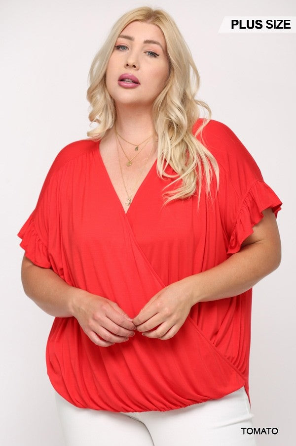 Plus Tomato Red Surplice Top in Viscose Knit with Ruffle Sleeve